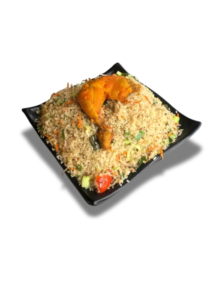 Fried rice with a roasted chicken leg