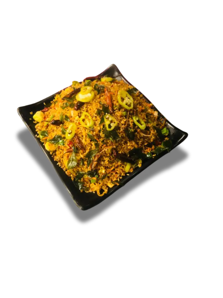 Spiced noodle dish served on a black platter